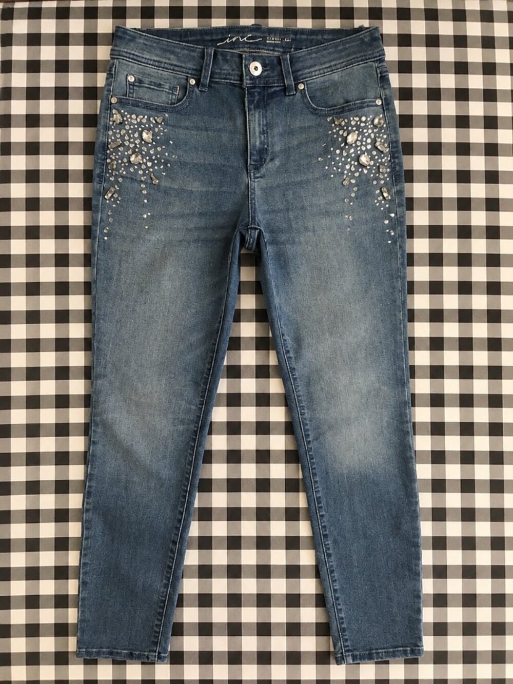INC Rhinestone Embellished Skinny Jeans Regular Fit Denim.  (A)